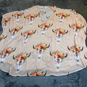 Show Me Your Mumu Women Medium Blush Floral Steer Skull Cold Shoulder Kaftan Top